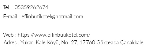 Eflin Butik Otel telefon numaralar, faks, e-mail, posta adresi ve iletiim bilgileri